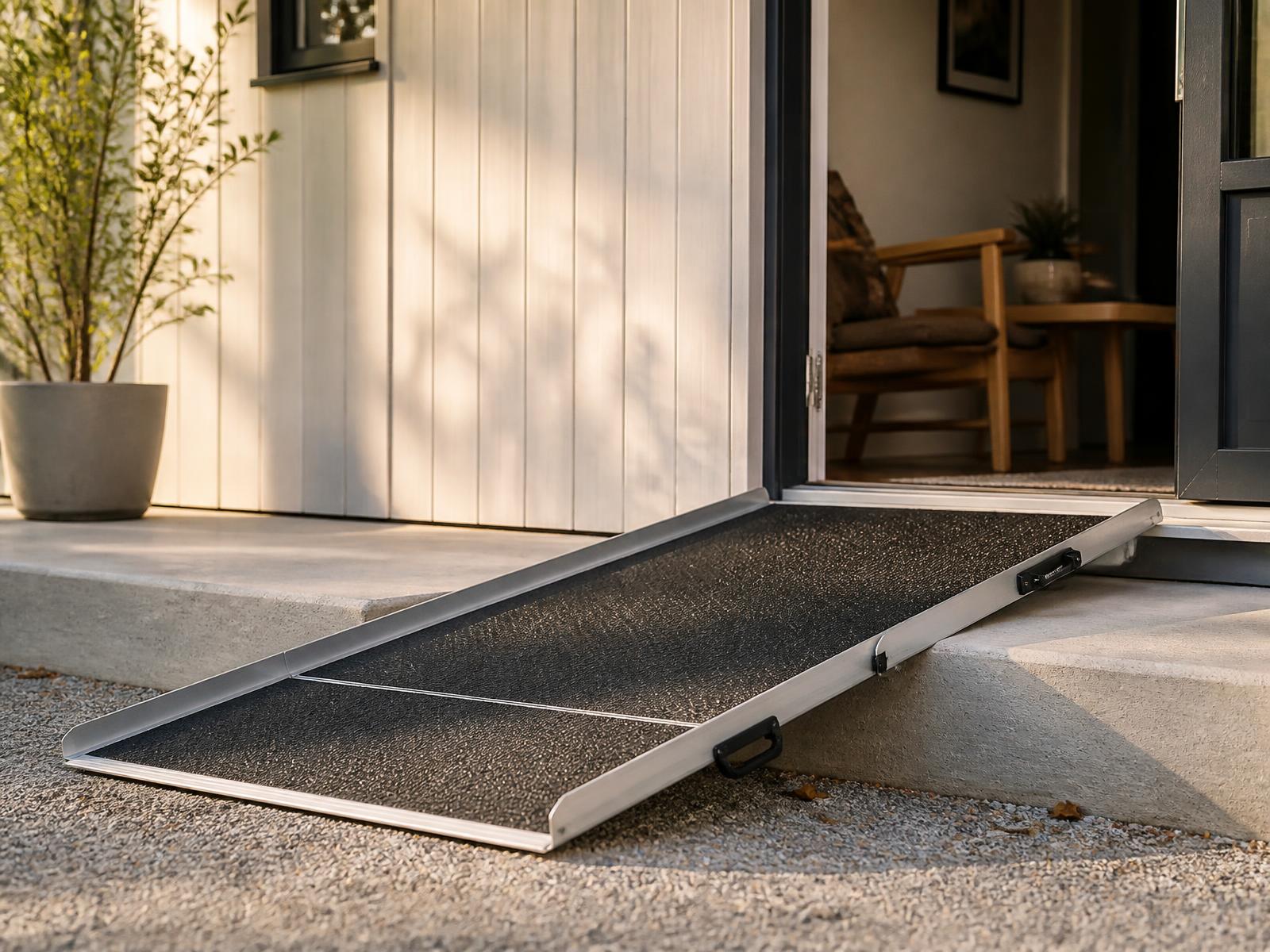 Aluminiumramp placerad vid en entrédörr med tröskel